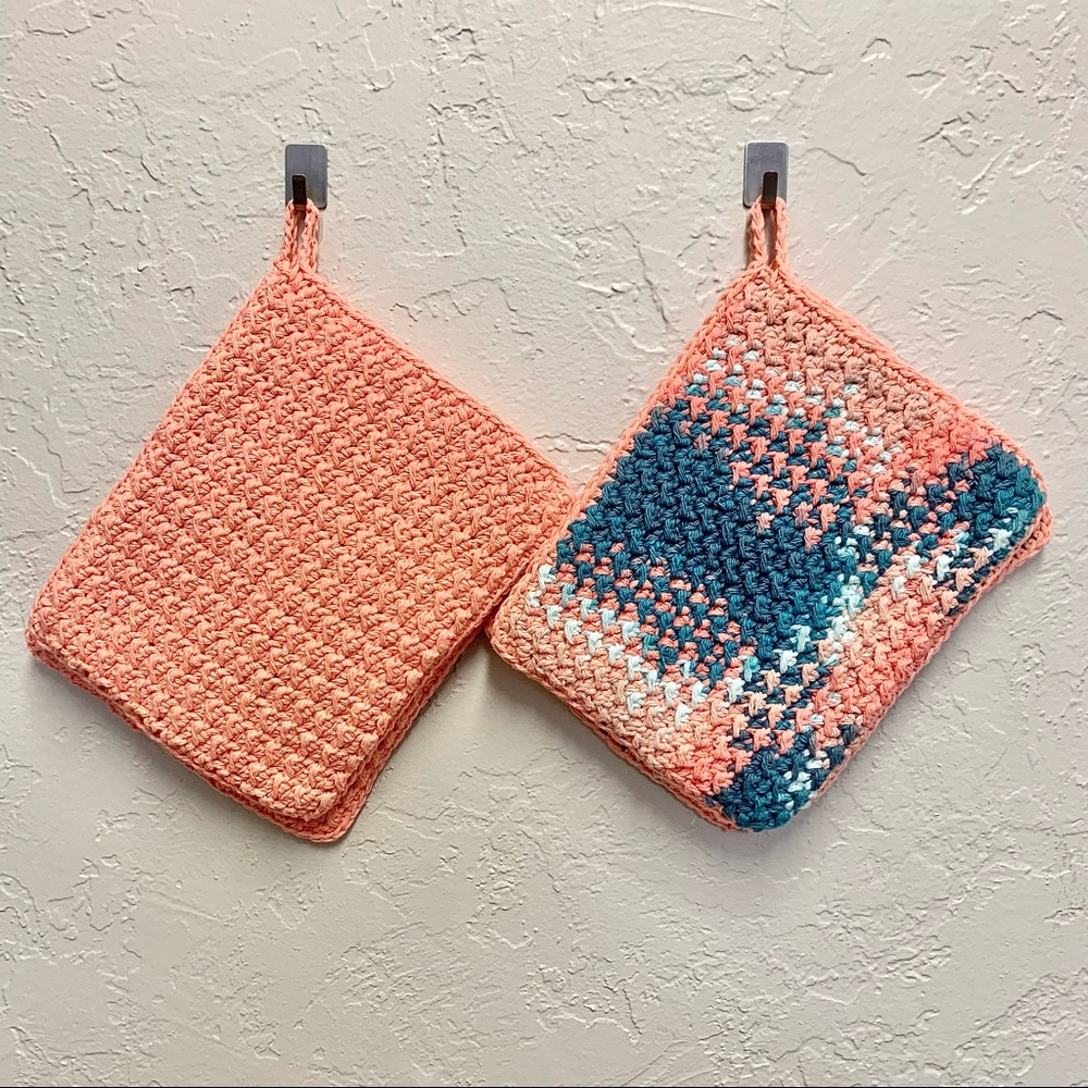 Eccentric Hearts Handmade Crochet Cotton Double Layer Pot Holders Coral Set of 4